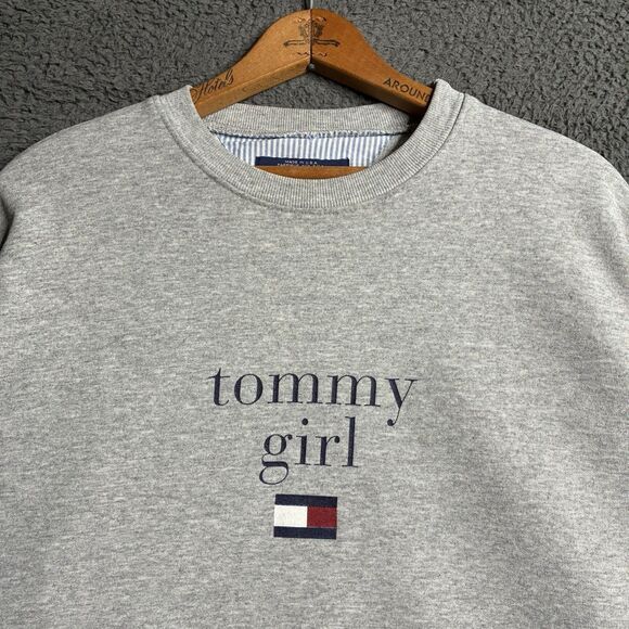 Vintage Tommy Hilfiger Sweatshirt Women Medium Gray Crew Neck Girl Y2K USA Made - Picture 1 of 11